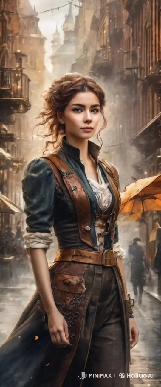Steampunk Woman in Enchanted Fantasy Cityscape – AI Generated Video | Hailuo AI