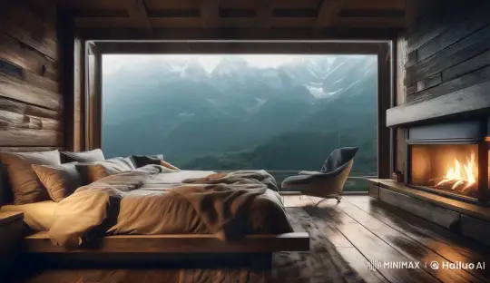 Rustic Bedroom with Rainstorm and Fireplace Glow – AI Generated Video | Hailuo AI