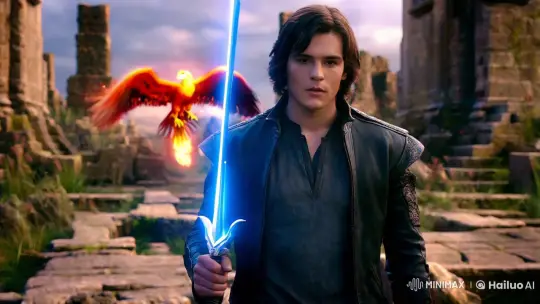 Young Man with Sword Amidst Ruins and Rising Phoenix – AI Generated Video | Hailuo AI
