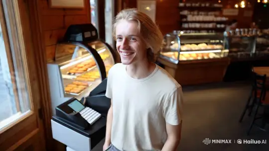 Confident Young Man at Quaint Coffee Shop – AI Generated Video | Hailuo AI