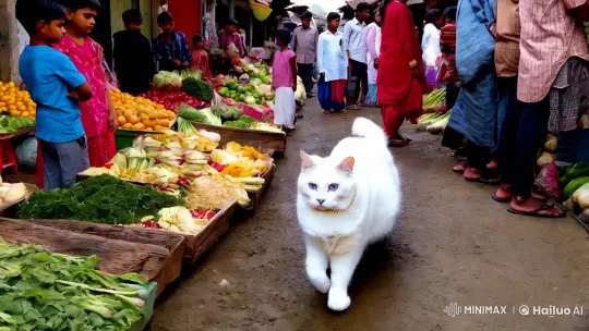 White Cat in Vibrant Village Marketplace – AI Generated Video | Hailuo AI