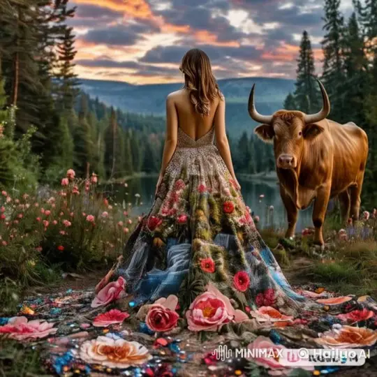 Enchanted Forest Walk at Sunset with Majestic Bull – AI Generated Video | Hailuo AI