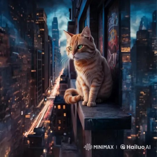 Ginger Cat on Ledge Observes Vibrant Night City – AI Generated Video | Hailuo AI