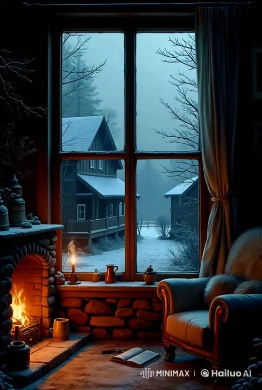 Cozy Winter Room with Fireplace and Snowfall – AI Generated Video | Hailuo AI