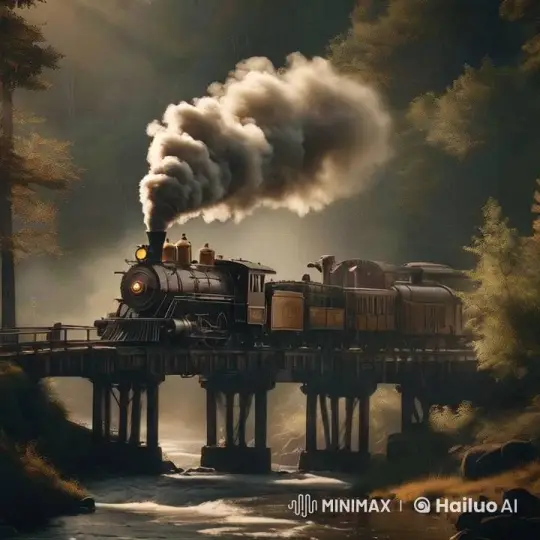 Steam Train Crosses River Bridge in Serene Forest – AI Generated Video | Hailuo AI