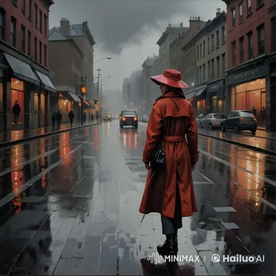 Woman in Red Raincoat Navigates Stormy City Street – AI Generated Video | Hailuo AI