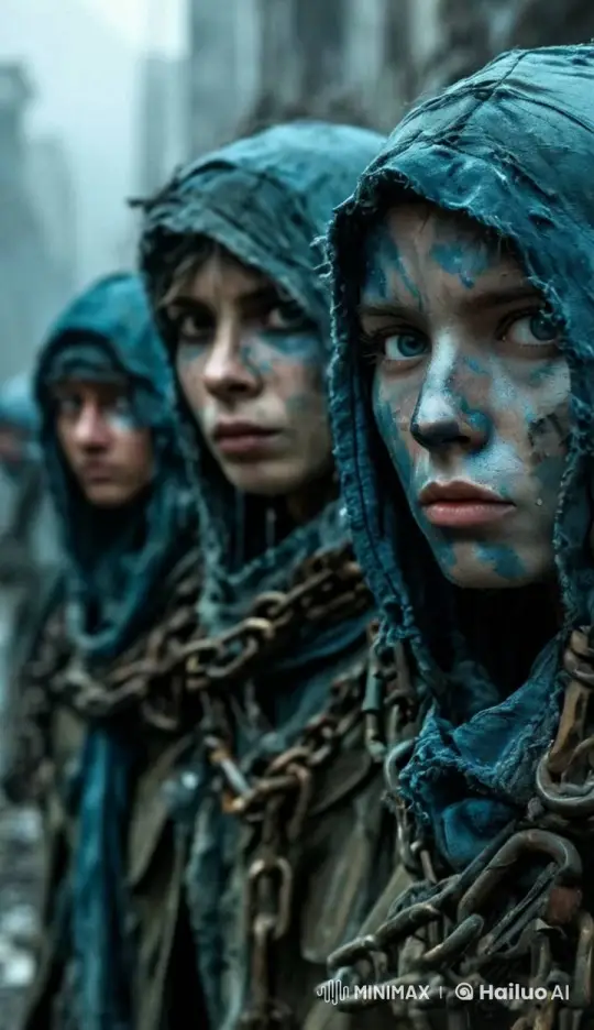 Individuals in Blue-Hooded Attire Endure Hardship in Misty, Desolate Setting – AI Generated Video | Hailuo AI