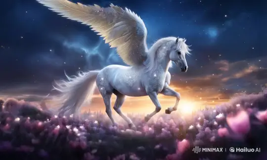 White-Winged Horse in a Field of Purple Flowers at Dawn – AI Generated Video | Hailuo AI
