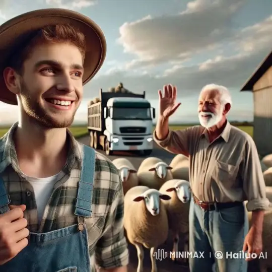 Boy in Overalls Says Goodbye to Old Man with Sheep – AI Generated Video | Hailuo AI