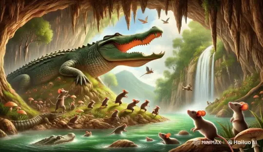 Live2D Animated Scene: Talking Crocodile, Engaged Mice, and Serene Waterfall – AI Generated Video | Hailuo AI