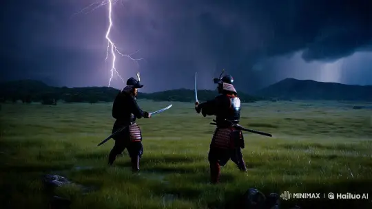 Rainy Grasslands: Samurai Duel Under Stormy Skies – AI Generated Video | Hailuo AI