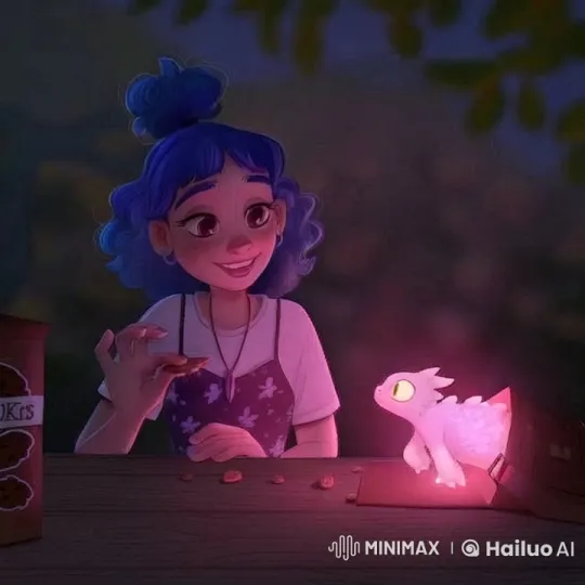 Blue-haired Girl Feeds Glowing Dragon Cookies – AI Generated Video | Hailuo AI