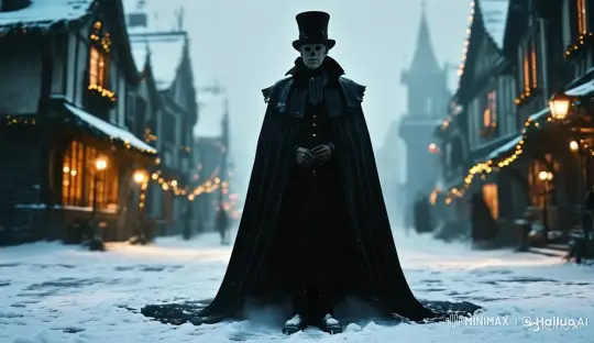 Gothic Christmas: Enigmatic Figure in Foggy Village Square – AI Generated Video | Hailuo AI