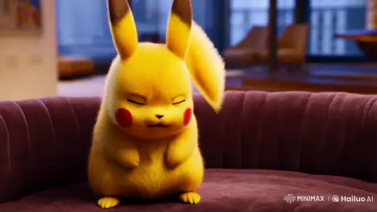 Exhausted Pikachu Reflects in a Sophisticated Living Room – AI Generated Video | Hailuo AI