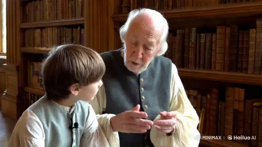 Elderly Sage Imparts Wisdom to Pupil in Grand Library – AI Generated Video | Hailuo AI