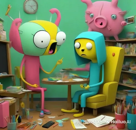 Animated Friends Argue Over Homework in Cluttered Room – AI Generated Video | Hailuo AI