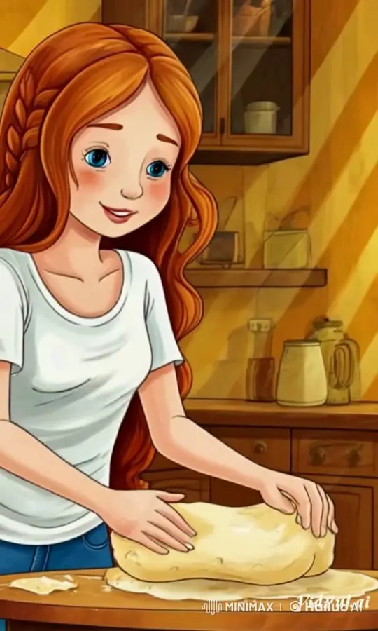 Red-haired Woman Kneads Dough in Cozy Kitchen – AI Generated Video | Hailuo AI