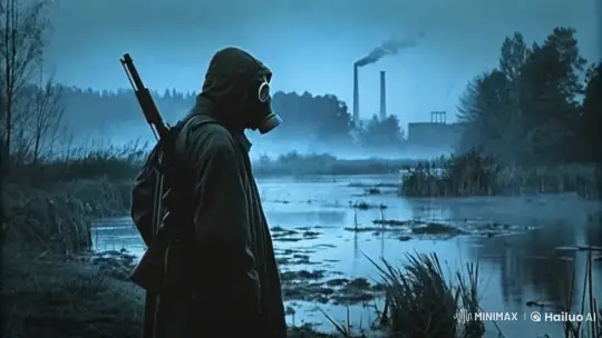 Lone Stalker Navigates Radioactive Swamp in Post-Apocalyptic Landscape – AI Generated Video | Hailuo AI