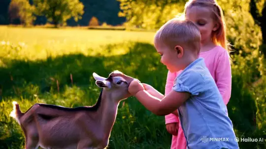 Boy Feeds Goat Amidst Serene Countryside Beauty – AI Generated Video | Hailuo AI