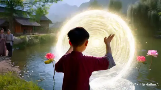 Boy Practices Magic by River, Enchants Villagers – AI Generated Video | Hailuo AI