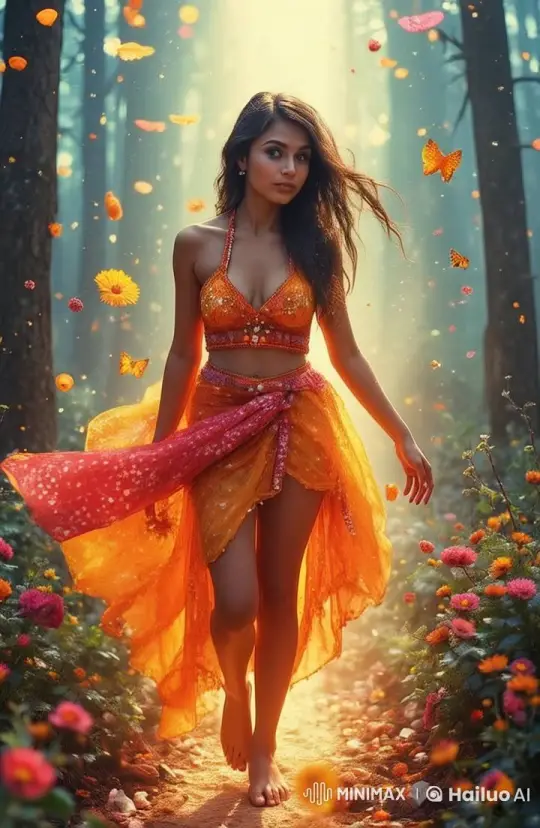Indian Girl's Graceful Walk in Enchanted Live2D Forest – AI Generated Video | Hailuo AI