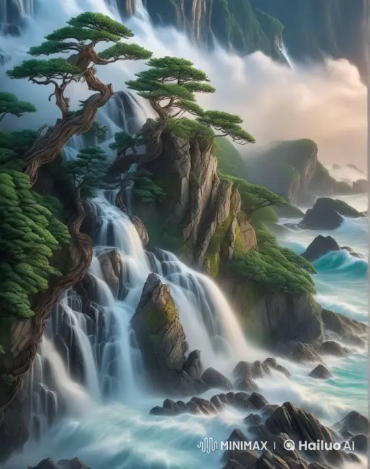 Stormy Seaside Cliff with Waterfalls and Dynamic Nature – AI Generated Video | Hailuo AI