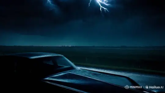 Nocturnal Arrival: A Man, A Car, and the Stormy Night – AI Generated Video | Hailuo AI