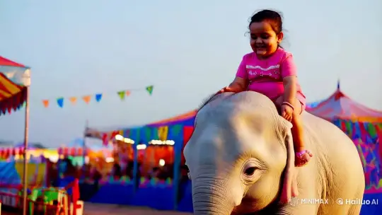 Chubby Girl and Elephant Enjoy Colorful Carnival – AI Generated Video | Hailuo AI