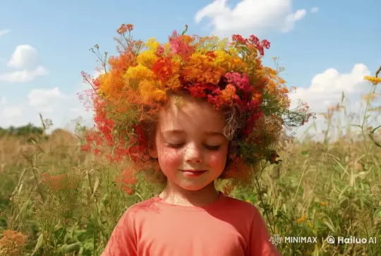 Child in Flower Crown Amidst Wildflower Meadow – AI Generated Video | Hailuo AI