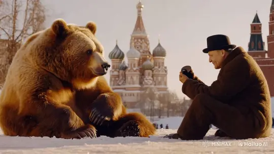 Live2D Video: Animated Bear Waves at Tourist in Moscow – AI Generated Video | Hailuo AI