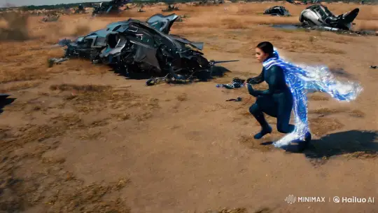 Female Ninja Superhero Sprinting Through Mech Wreckage Field – AI Generated Video | Hailuo AI