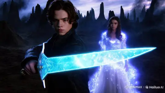 Epic Fantasy Scene: Swordswoman and Warrior in Otherworldly Light – AI Generated Video | Hailuo AI