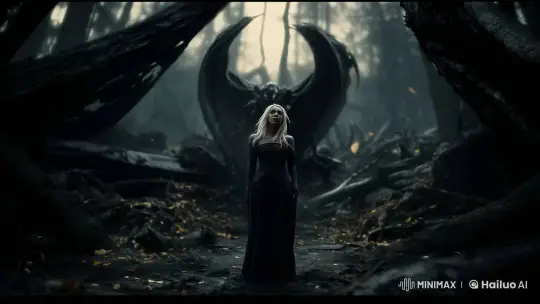 Mysterious Figure Confronts Winged Creature in Haunted Forest – AI Generated Video | Hailuo AI