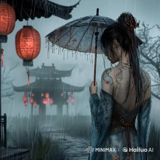 Woman with Umbrella in Misty Traditional Path – AI Generated Video | Hailuo AI