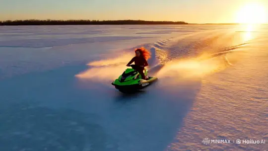 Redhead Woman Jetskiing on Iced Lake at Golden Hour – AI Generated Video | Hailuo AI