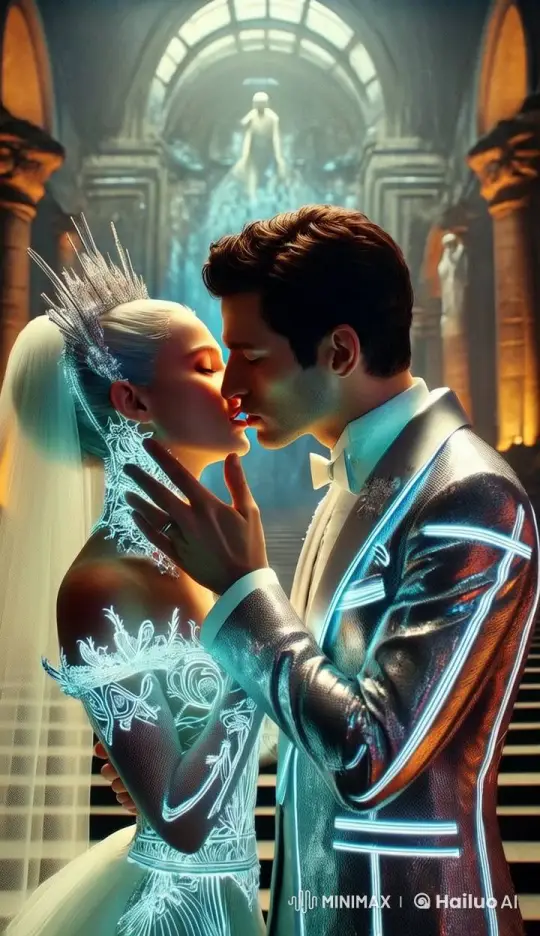 Futuristic Wedding Kiss in Ornate Live2D Hall – AI Generated Video | Hailuo AI
