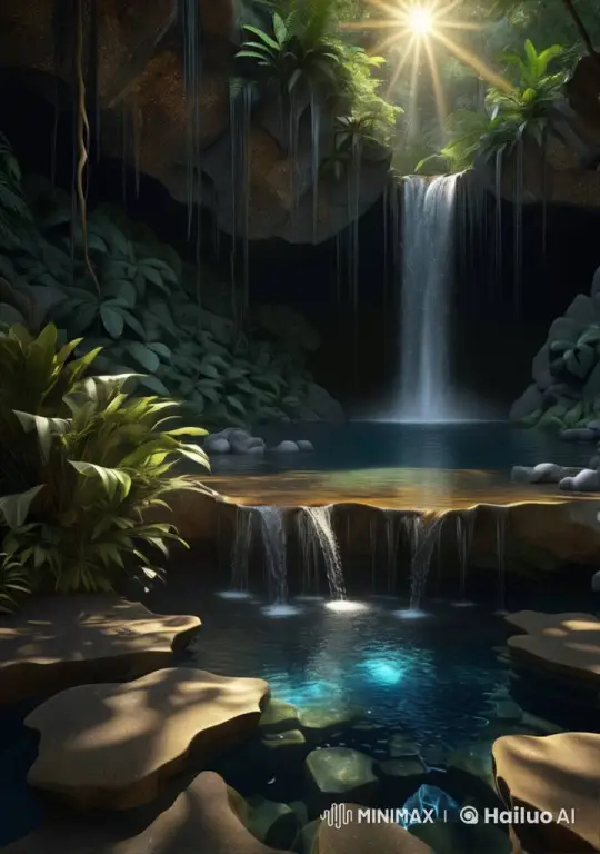 Tropical Rainforest Waterfall Cave Panorama – AI Generated Video | Hailuo AI