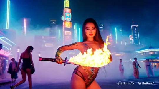 Futuristic Kyoto: A Woman with Dragon Tattoos Wields a Flaming Sword – AI Generated Video | Hailuo AI
