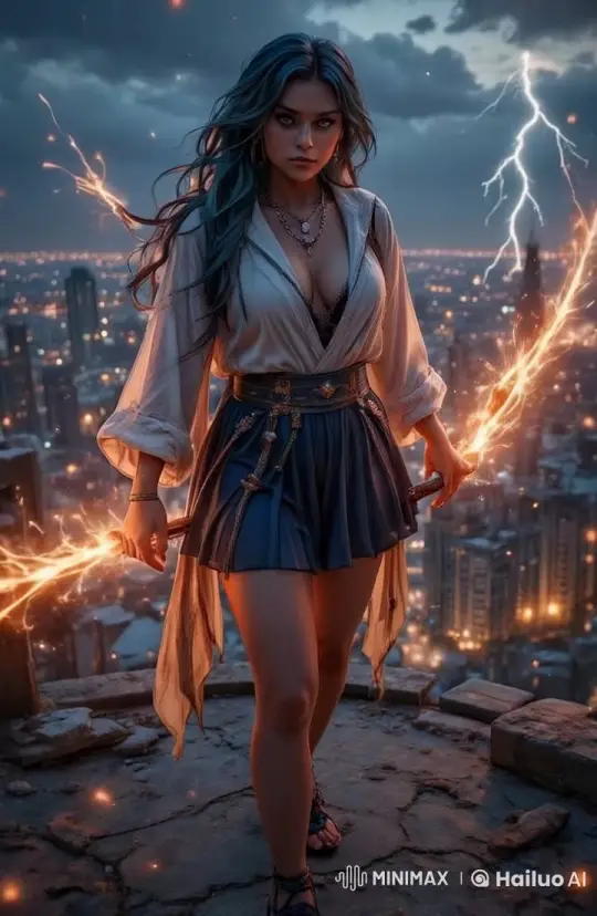 Woman Walks confidently on the roof, wielding twin swords with flames flickering on them, as thunder and rain rage behind her, the city lights forming a stark contrast with the storm. – AI Generated Video | Hailuo AI