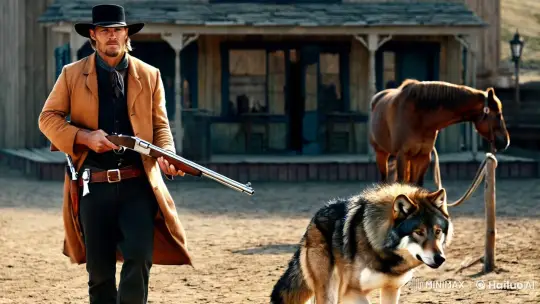 Lone Cowboy and Loyal Wolf in Western Town Setting – AI Generated Video | Hailuo AI