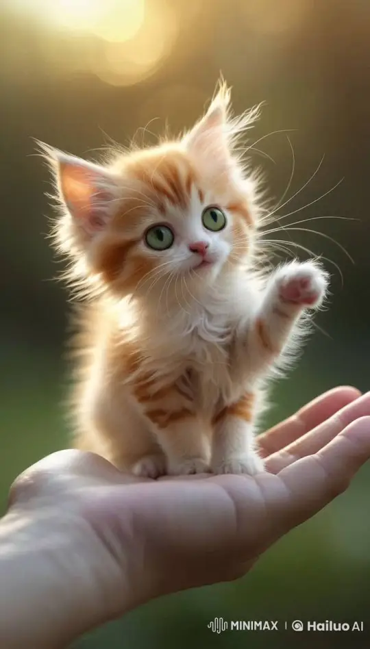 Fluffy Creature Curiously Perches on Human Hand – AI Generated Video | Hailuo AI