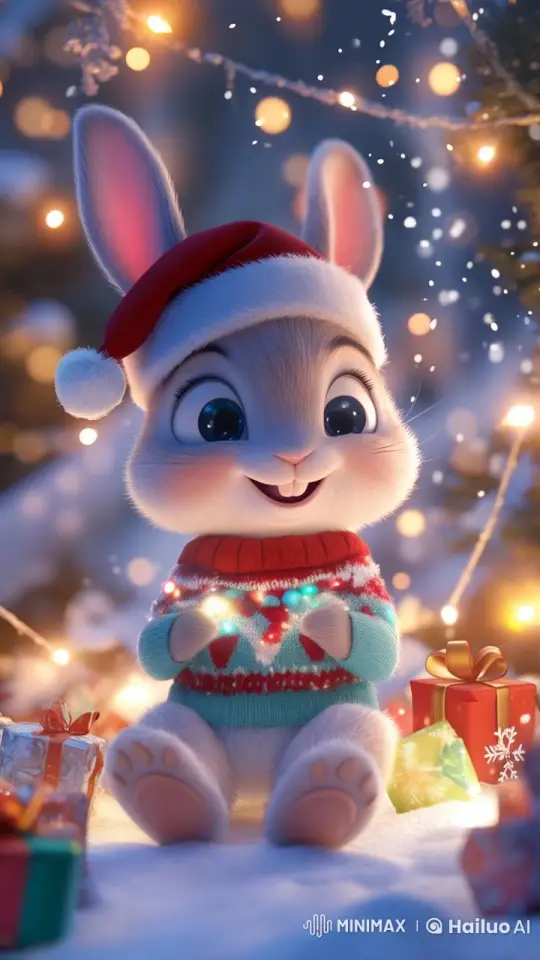 Cute Rabbit in Santa Hat Opens Gift in Festive Scene – AI Generated Video | Hailuo AI