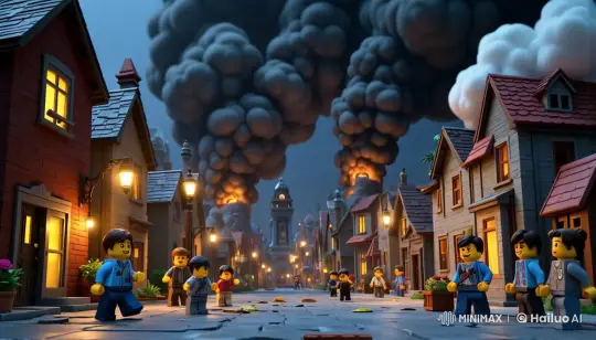 LEGO Town Twilight: Normal Life Amidst Distant Fire – AI Generated Video | Hailuo AI