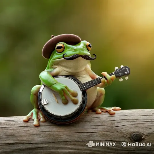 Frog in Hat Plays Banjo with Axolotls' Trumpets – AI Generated Video | Hailuo AI