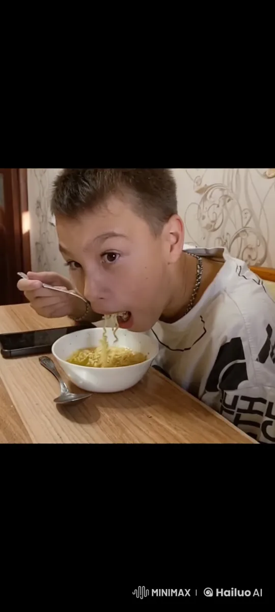 Young Person Eats Noodles Amidst Growing Apples Arrangement – AI Generated Video | Hailuo AI