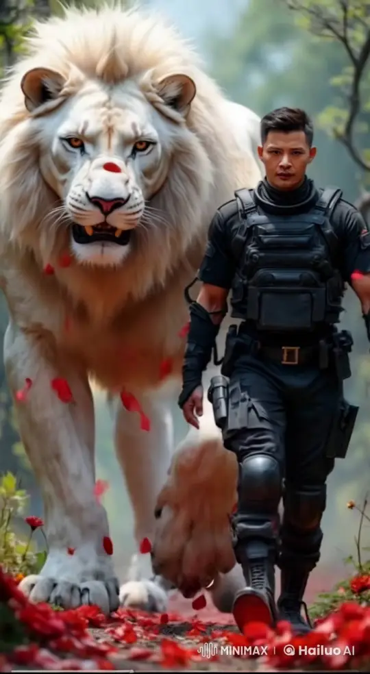 Armored Figure and White Lion Walk Through Red Petals – AI Generated Video | Hailuo AI