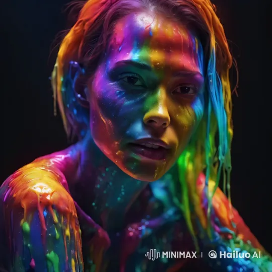 Woman in Rainbow Paint Makes Peace Sign with Wink – AI Generated Video | Hailuo AI