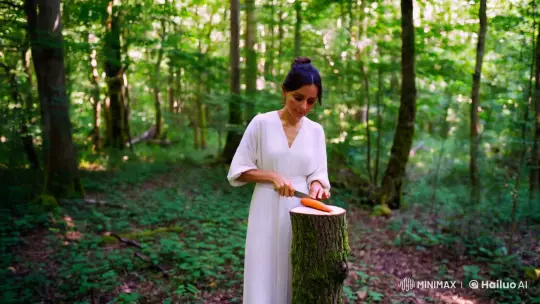 Woman Prepares Carrot in Serene Forest Setting – AI Generated Video | Hailuo AI