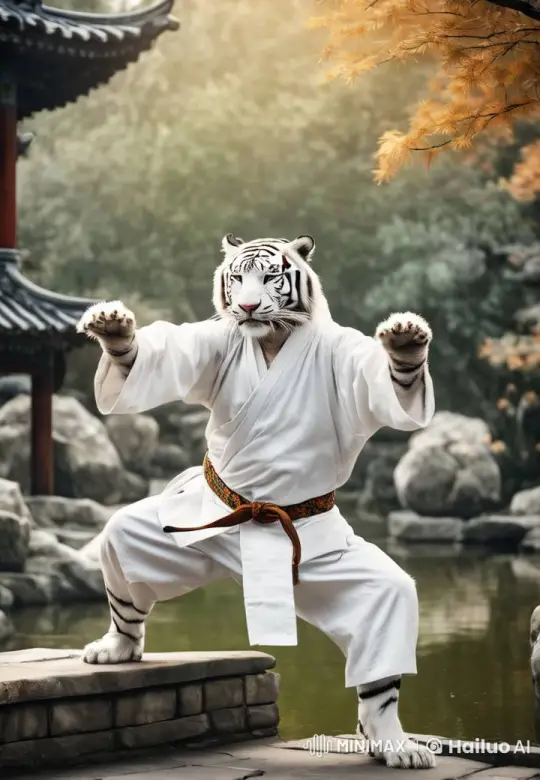 White Tiger Practicing Kung Fu in Chinese Garden – AI Generated Video | Hailuo AI