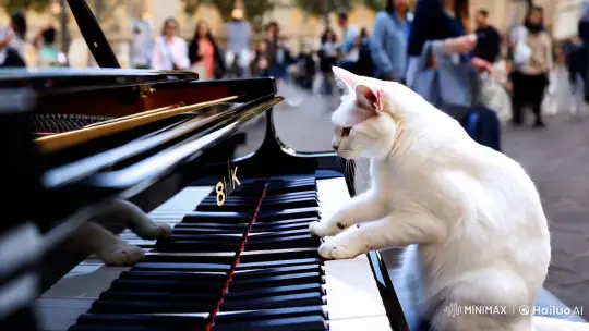 White Cat Plays Grand Piano in Bustling Tourist Spot – AI Generated Video | Hailuo AI